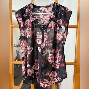 Sheer Floral V-Neck Blouse - Black with Pink Floral